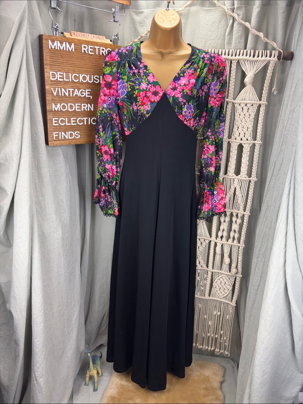 Vintage 70s Handmade Floral Black Maxi Dress with V-Neck and Long Sleeves